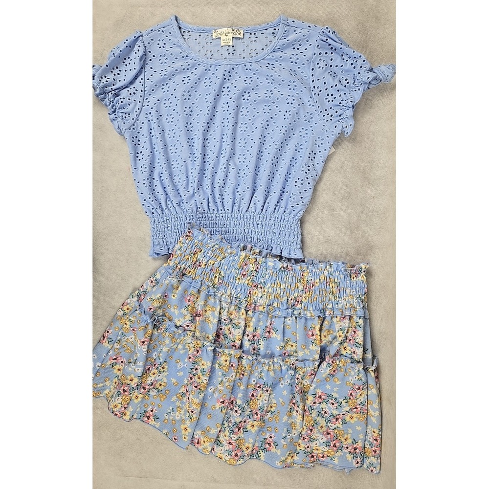 Knitworks Girls Size Large (14) Set Shirt Skirt Blue Floral Outfit‎ Summer NEW